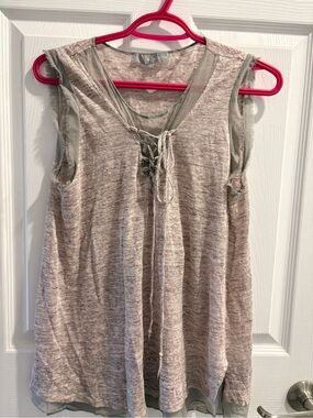 Lola & Sophie Heathered Taupe Lace-Up Tank with Sheer Trim. Layer casual taupe